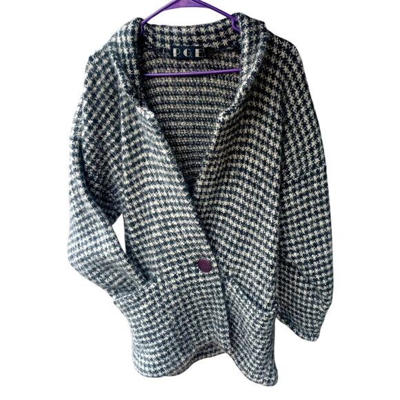 Vintage P.G.E. Houndstooth Mohair Wool Sweater Cardigan Black Tan Women's Medium - Picture 1 of 12